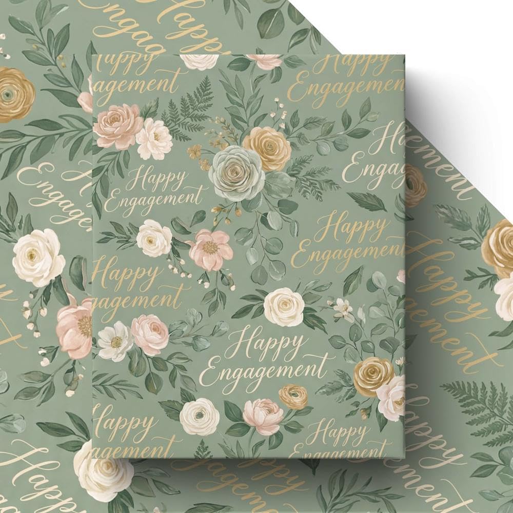 GleeWrap Sage Green Engagement Wrapping Paper, 4 Sheets of 50x70cm Happy Engagement Floral Design Gift Wrap for Engagement Party Celebration Gift Packaging,Folded Flat