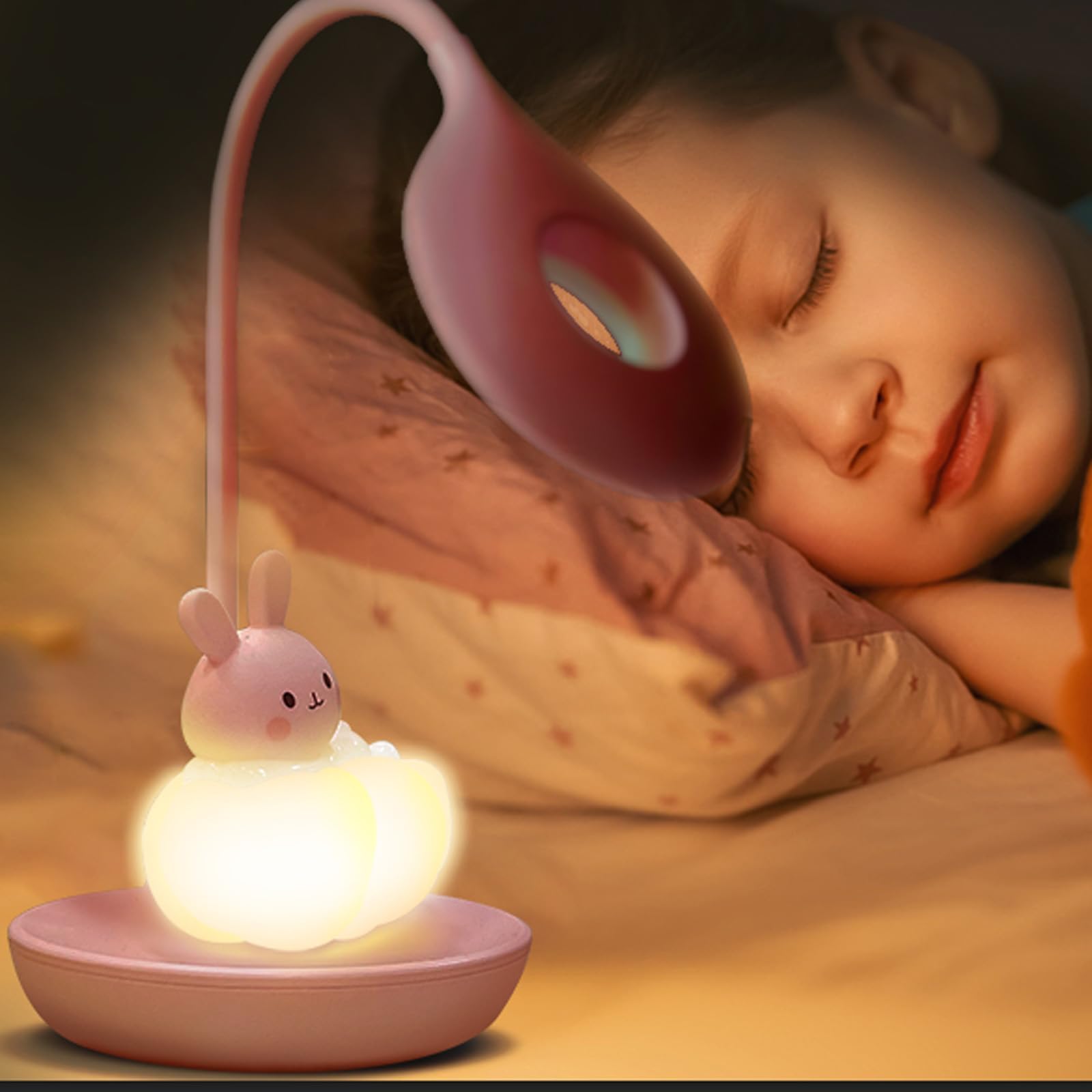 Lampa biurkowa LED dla dzieci, ochrona oczu, lampka do czytania, ładowana przez USB, energooszczędna lampka nocna, ściemniana, czujnik dotykowy, lampa stołowa, styl kreskówkowy (różowy)