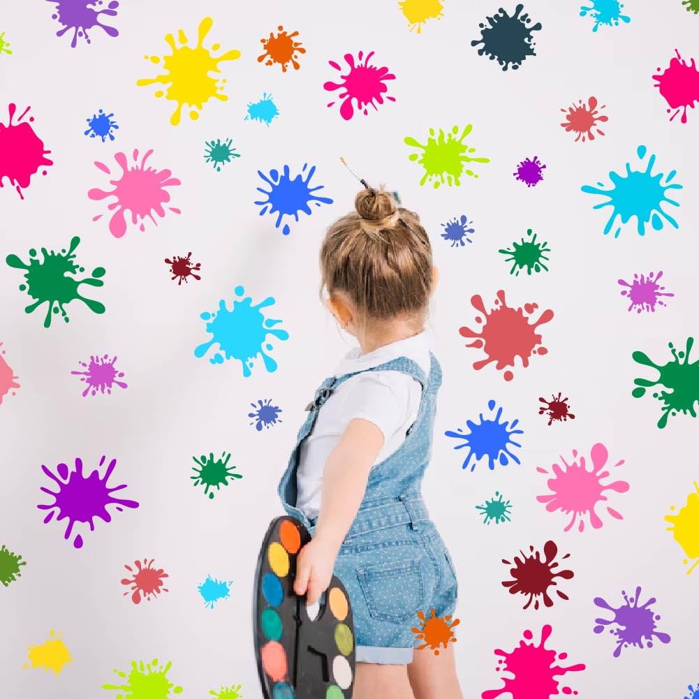 SUPERDANT 3 Sheets Colorful Paint Splatter Wall Sticker Graffiti Painting Splotches Wall Decals Nursery Peel and Stick Vinyl Art Decor Decals for Kids Room Kindergarten Playroom Classroom Decoration