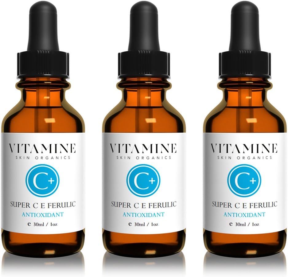 Organic Super Vitamin C Serum | C E Ferulic + Hyaluronic + B5 | Premium Repair Serum to Soften Wrinkles and Clear Skin | 3 Bottles (3 Month Supply)