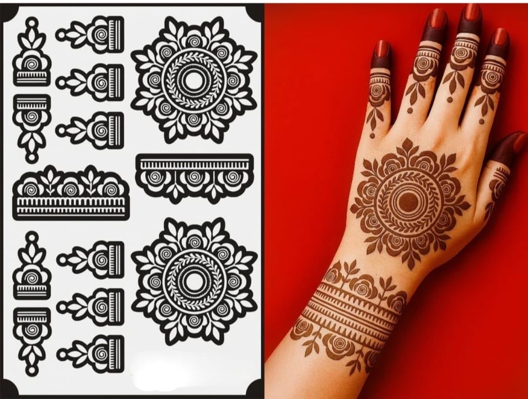 Mehndi Stencil Design Full Hand Set | Henna Tattoo Stencil for Women, Girls | Mehandi Design Sticker-image-25