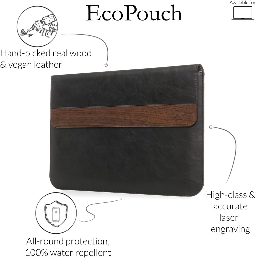 Woodcessories - Wooden MacBook Bag Compatible with MacBook 11-14" of Real Walnut Wood, EcoPouch (Black Leather)