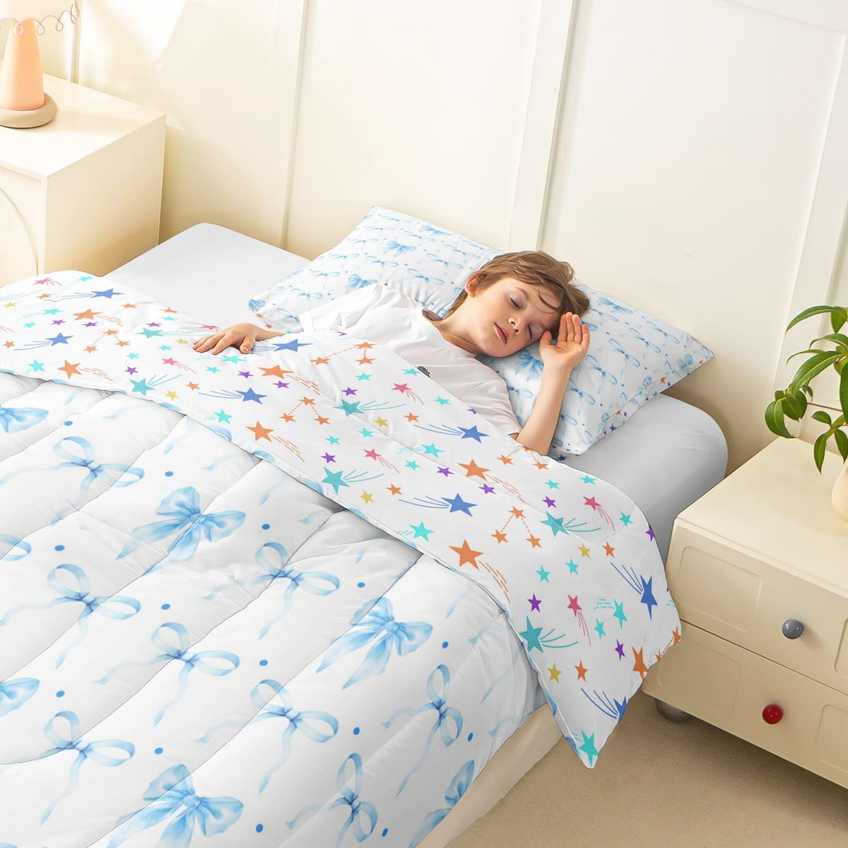 Homewish Jasnoniebieskie zestawy pościeli z kokardą - urocza niebieska muszka zestaw kołdry preppy kawaii kokardki zestaw kołdry - estetyczna kołdra bez pokrowca