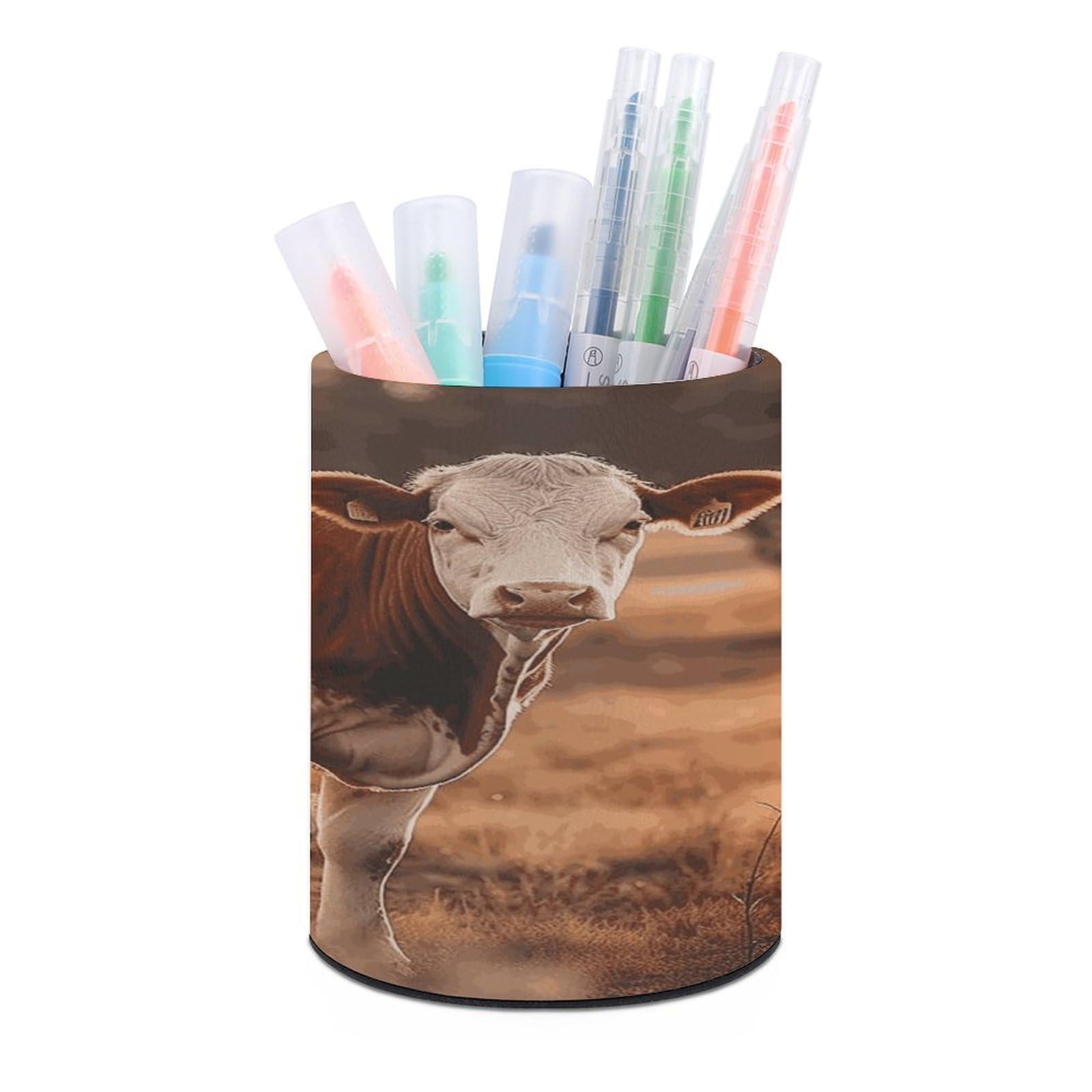 MUSM Cow Standing Pen Holder Large Capacity Pen Holder Modern PU Pencil Holders Durable Waterproof Pens Cup for Home Office Desktop Organizer