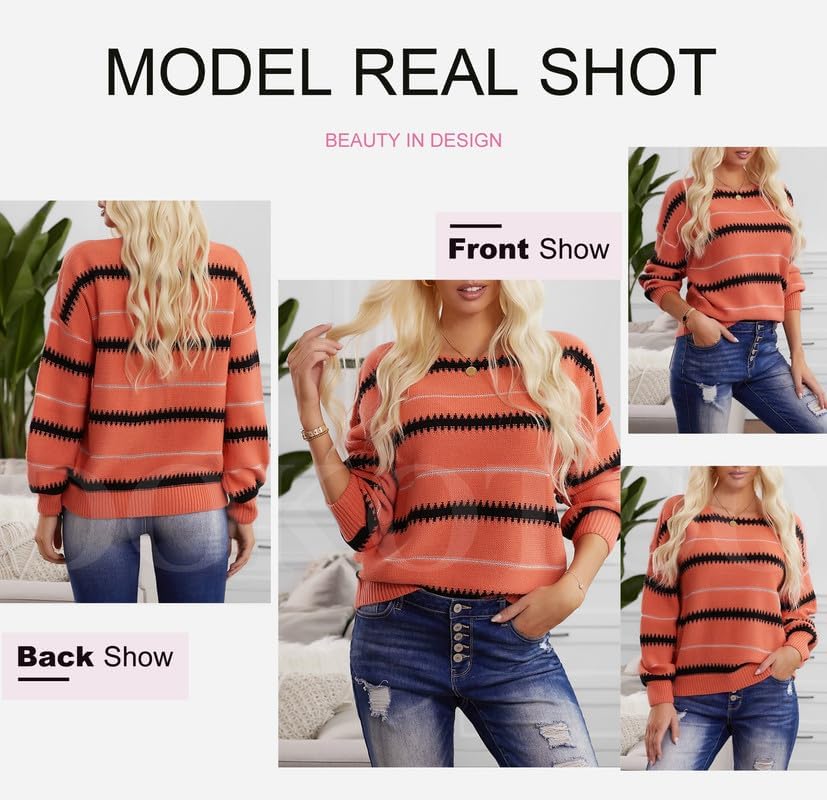 Dokotoo Womens Color Block Sweaters Long Sleeve Crewneck Pullover Knit Jumper Tops - Image 4