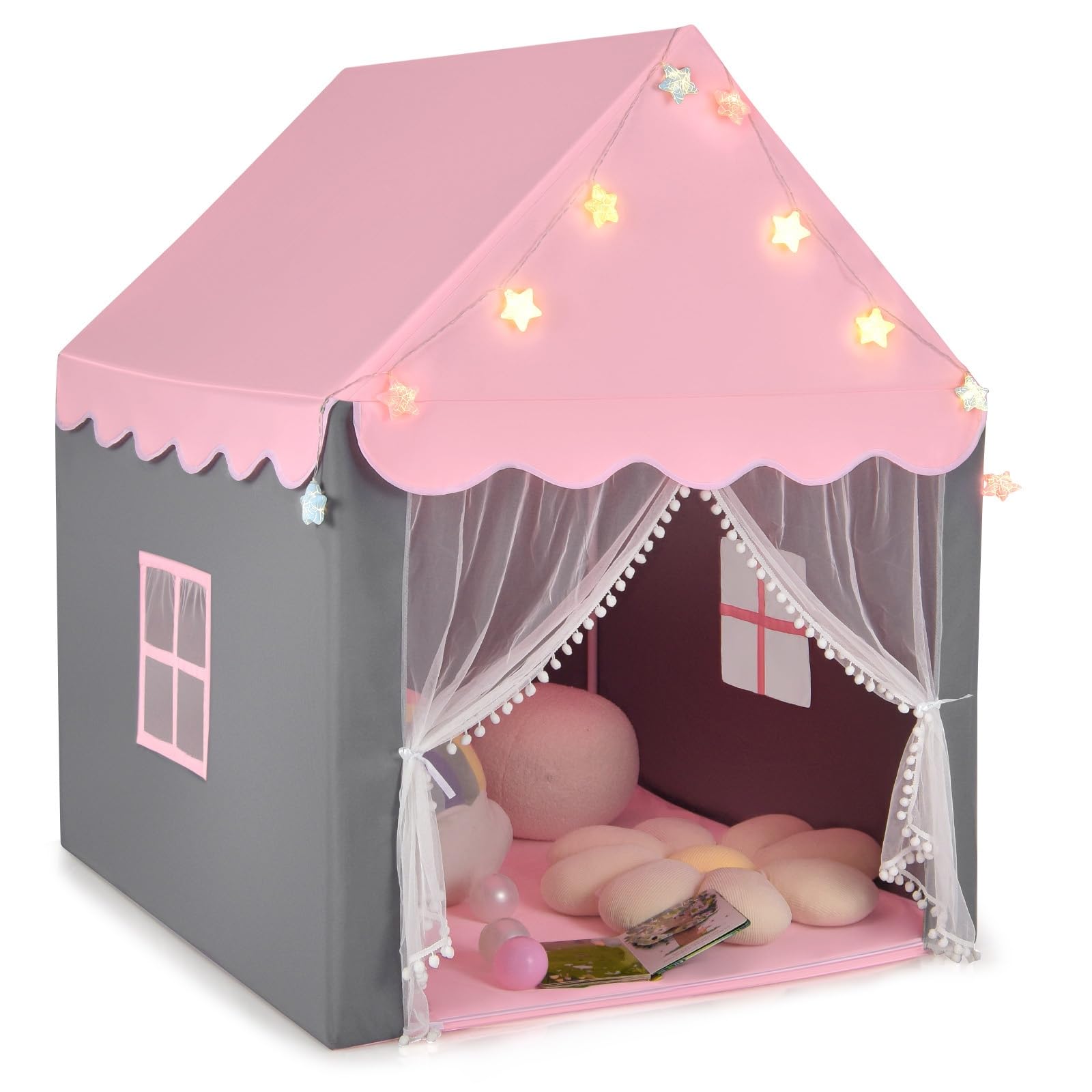GYMAX Kids Tent, Fairy Play Castle with Washable Mat, Star Lights & Windows, Outdoor Indoor Children Playhouse Tents for Girls Boys Gift (Pink)