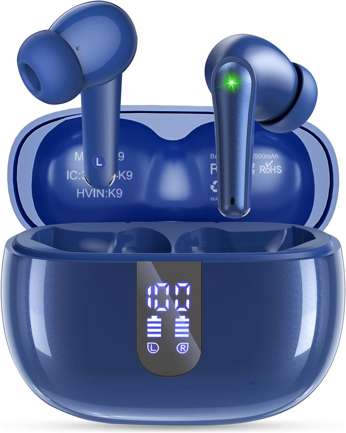 Wireless Earbuds, Bluetooth 5.3 Headphones with HiFi Stereo Sound, 40H Playtime with LED Display Charging Case, IPX7 Waterproof in-Ear Earphone with Mic for Phone Computer Laptop,Blue