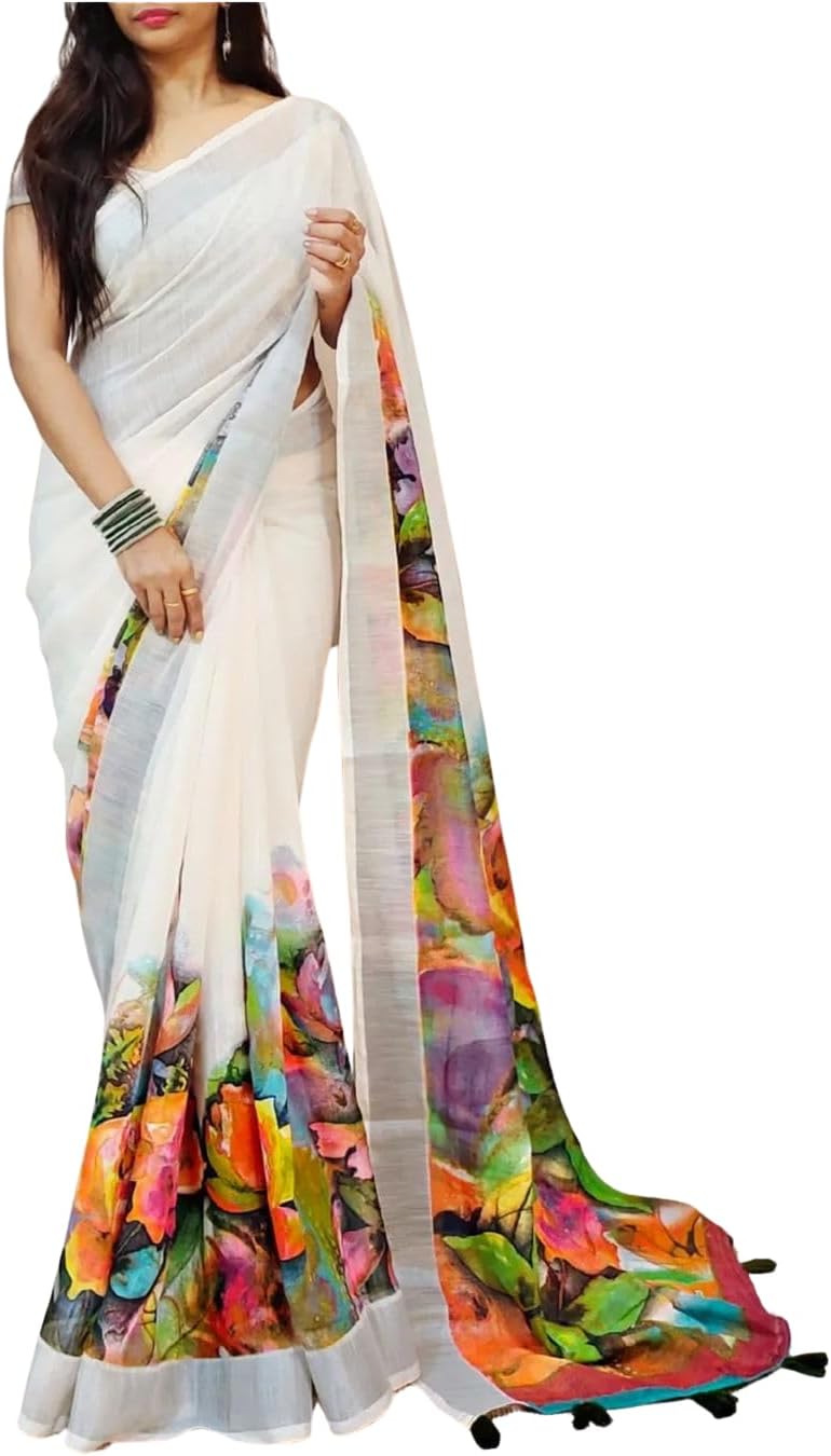 Women’s Pure Linen Cotton Banarasi Soft Silk Saree With Blouse Piece For Wedding (Maya) (White)