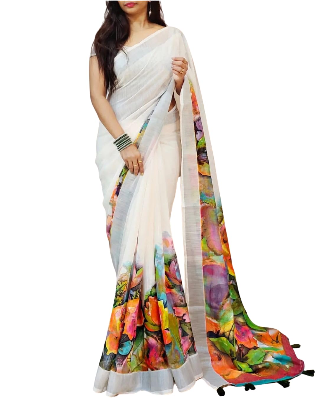 C J EnterpriseWomen’s Pure Soft Cotton Saree Linen Silk Sarees For Latest Party Design Wear Wedding Sadi With Blouse Piece Sari South Mulmul ikkat Mul Print 2025 New (Maya) (White Multi)