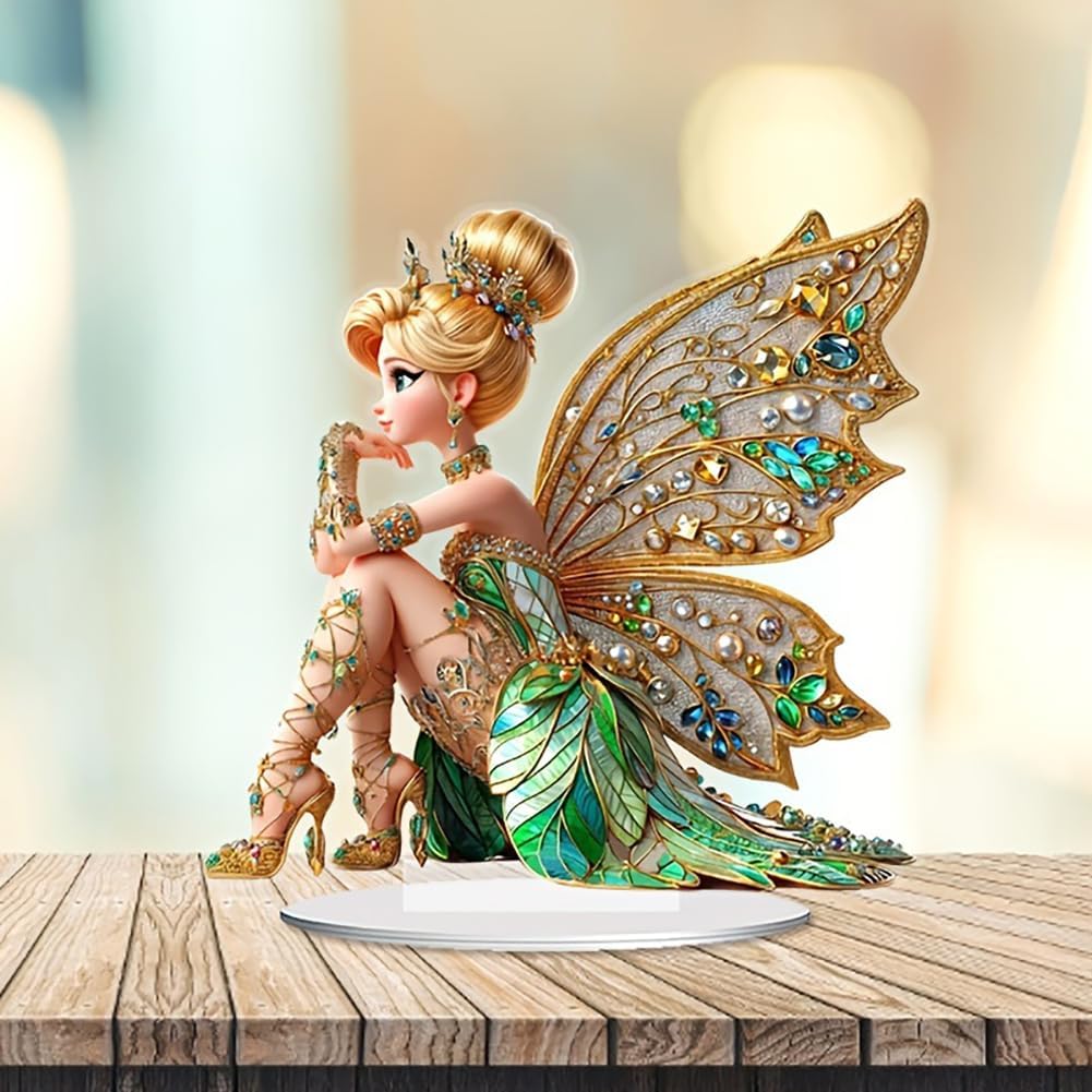 Mini Table Flower Fairy Statue Figurine Ornament Butterfly Fairy with Diamond Home Fairy Garden Decor 2D Acrylic Bookshelf Windowsill Bonsai Landscaping Resin Decor (not a 3D stereoscopic one) - Image 3