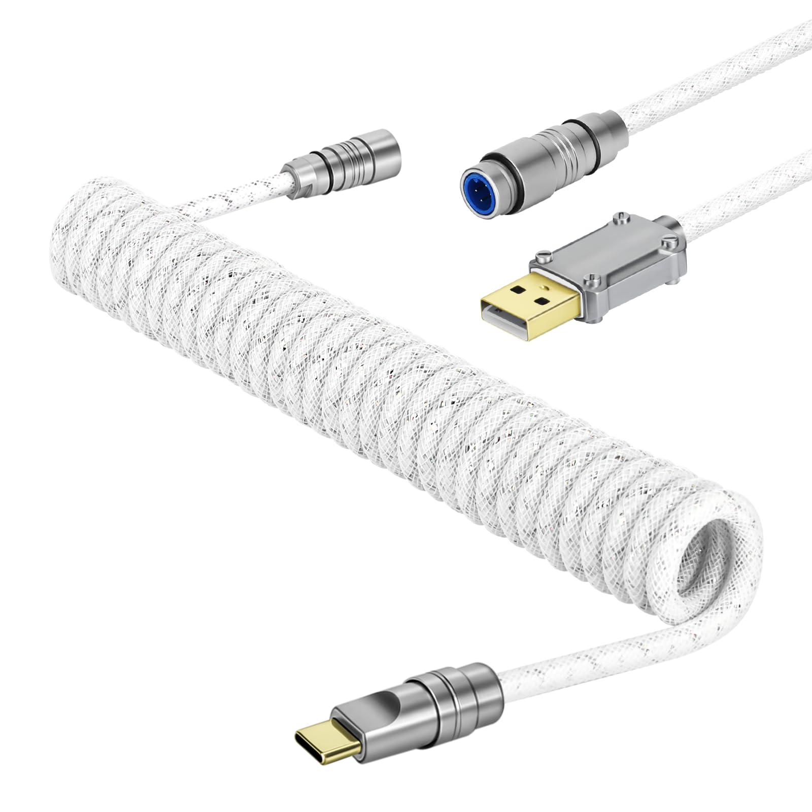 Yindiao & MANBASNAKE C05 Custom Coiled Mechanical Keyboard Cable Double-Sleeved Braided Keyboard Cord with CNC Copper Detachable Aviator Connector USB-C to USB-A for Keyboard/PC/Phone, 5.2ft-White