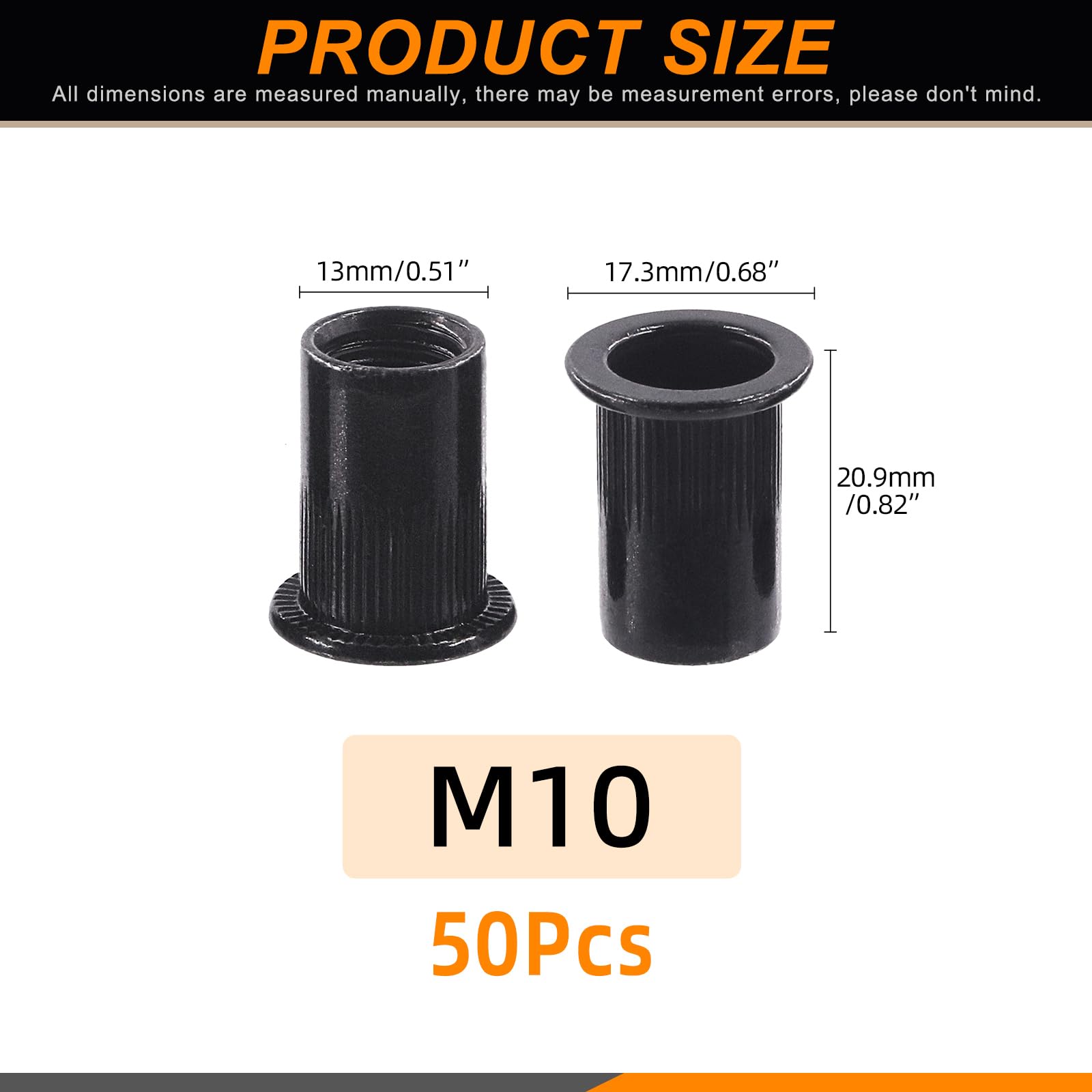 Rustark 50Pcs M10 Rivet Nuts Carbon Steel Black Zinc Plated Rivet Nuts Knurled Flat Head Rivnuts Threaded Insert Nuts - Image 2