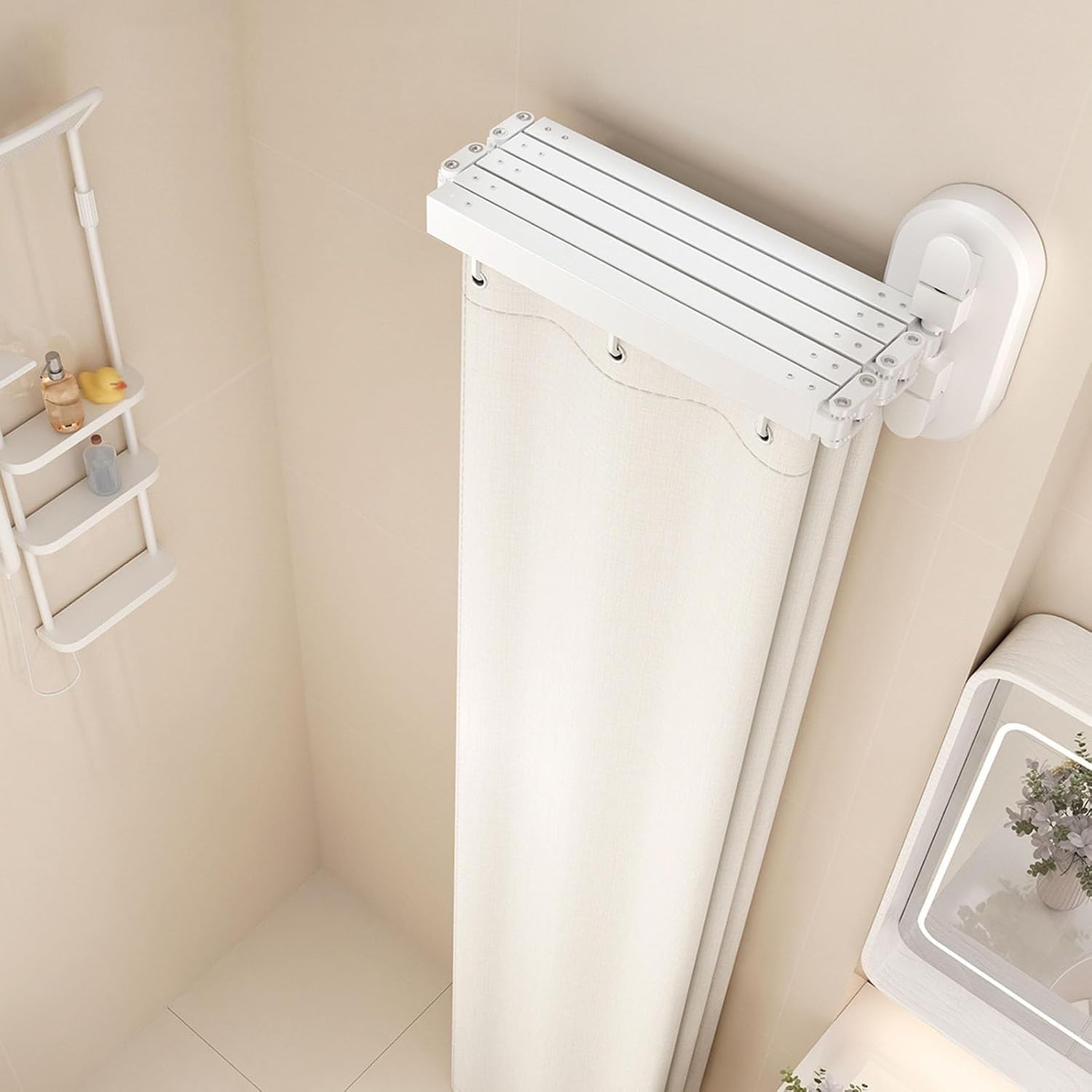 Barre de Douche rétractable avec Panneaux Pliables, Fixation par Ventouse, Angle réglable, étanche, Gain de Place pour Salle de Bain Dangle, Placard, 2 Volets (5-Folds)