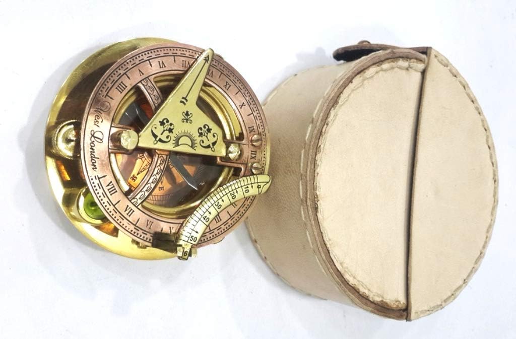 Copper & Brass Sundial Compass 3" with Leather Case Desk Decor Gift Rustic Vintage Home Decor