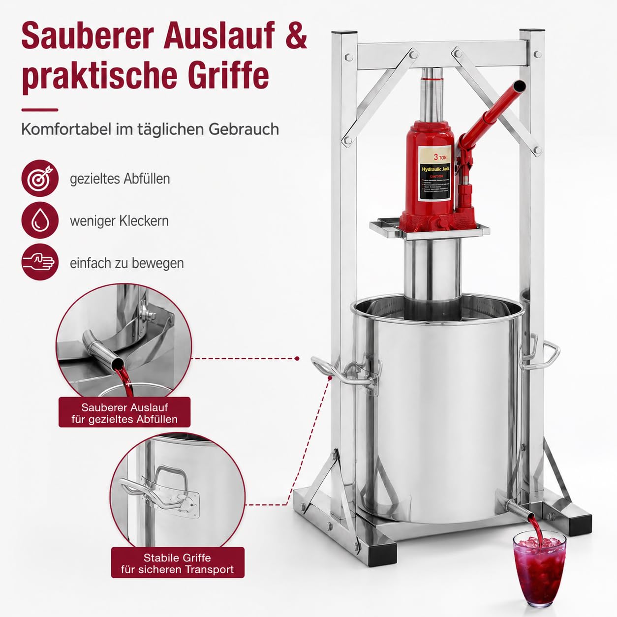 12L 3T Edelstahl Obstpresse Obstmühle Frucht Saftpresse Weinpresse Apfelpresse mit Trommel, ​Pressenrahmen und Hydraulic Jack