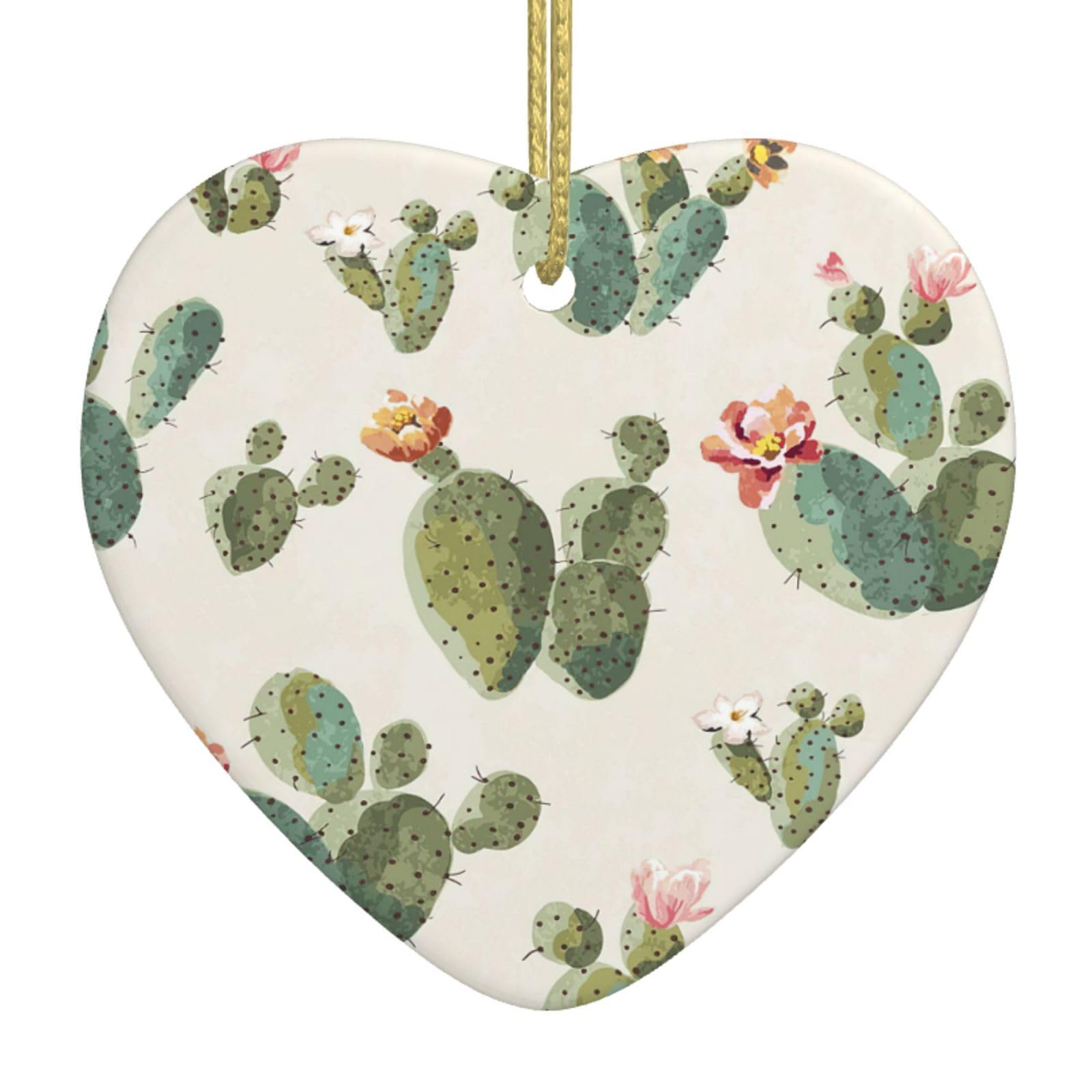 Nbtghga White Cute Cactus Print Christmas Ornaments, Ceramic Hanging Ornament, Xmas Tree Decoration, Holiday Home Decor