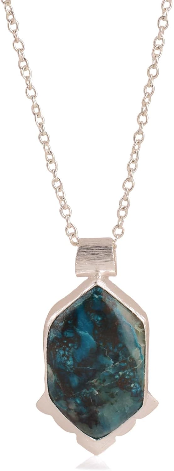 Natural Chrysocolla Crystals Pendant Necklace, Hexagon Cabochon Gemstone, Energy Healing Crystals, Jewelry for Women, Gemstone Jewelry 18 inch AAA+ Quality