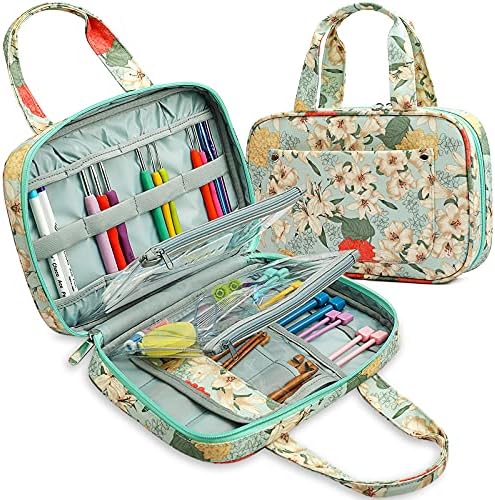 Coopay Knitting and Crochet Organiser, Crochet Tool Organiser Case Snazzy Needle Handbag With Vinyl Zipper Pockets, Interchangeable Circular Needles Case, Crochet Hooks Holder, DPNs Storage Bag