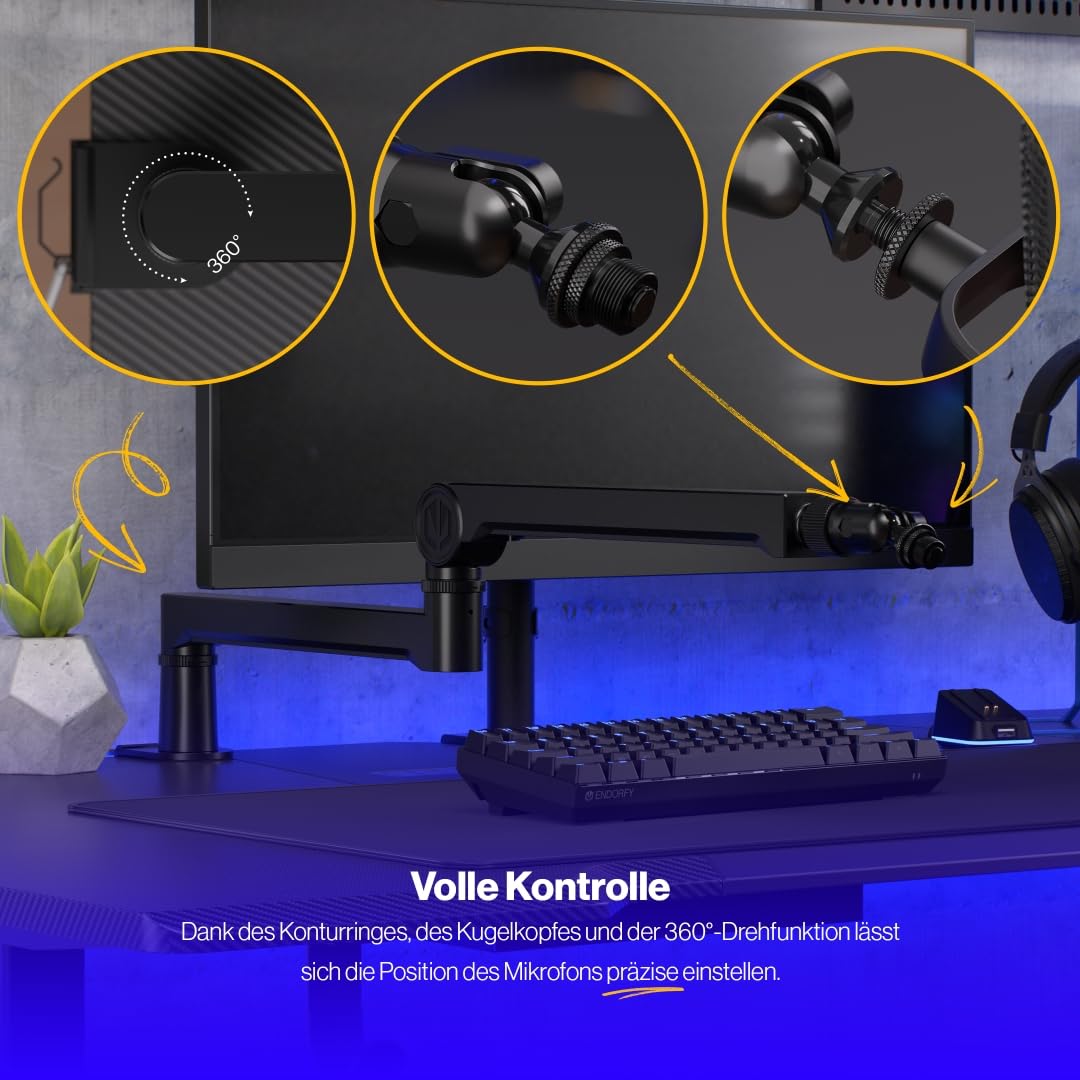 ENDORFY Broadcast Low Profile Boom Arm, Premium Low Profile Mikrofon Smartfone und Lichtarm mit Kabel, 360 Grad drehbar