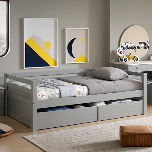 Twin Size Daybed with 2 Storage Drawers,Wood Daybed Frame with Wood Slat Support for Adult/Kids,Girls,Boys Bedroom,Space Saving Design,No Box Spring Needed,Grey