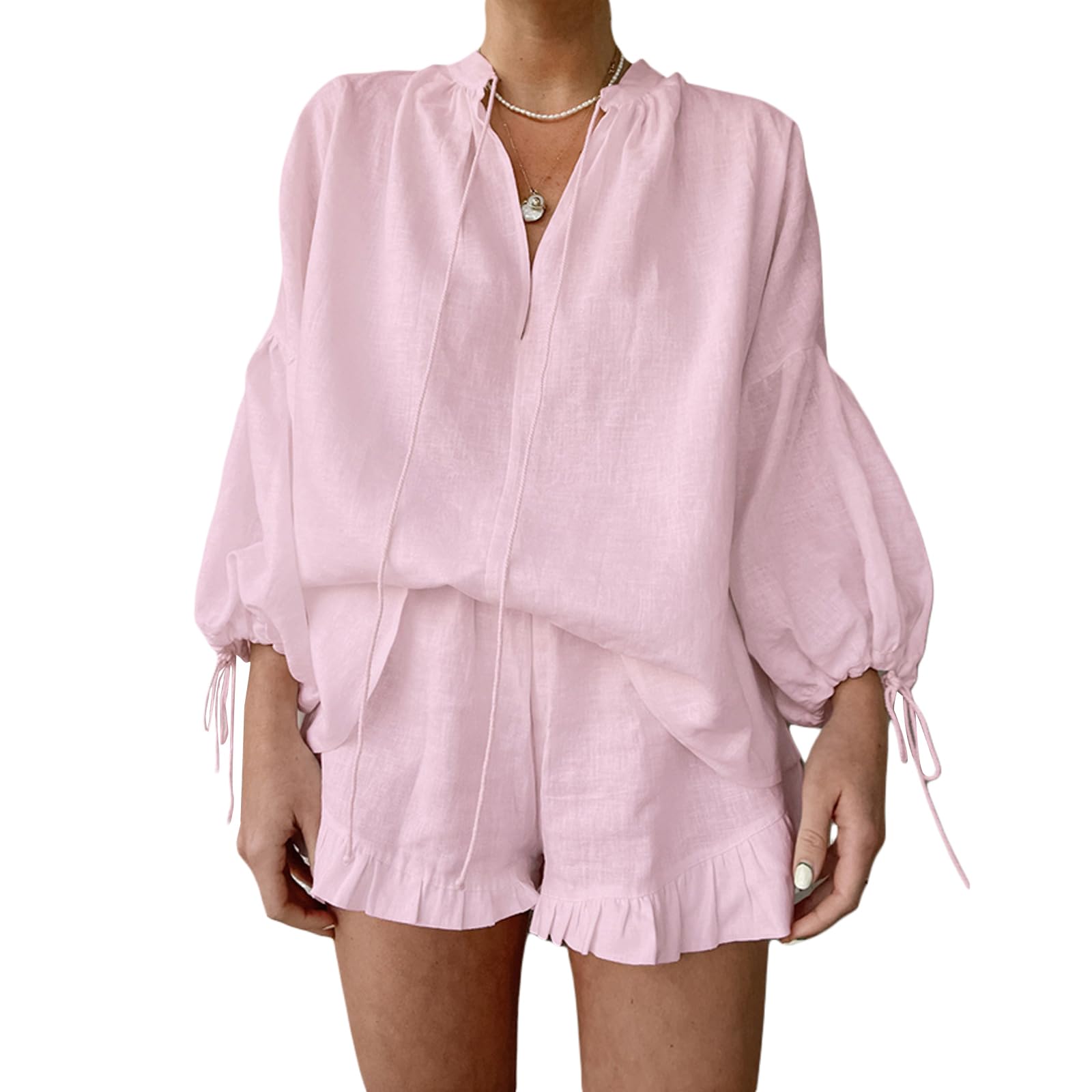 Mxiqqpltky Linen Shorts Sets Women 2 Piece Outfits Long Sleeve Tie Front Tops and Ruffled Boxer Shorts Matching Lounge Sets