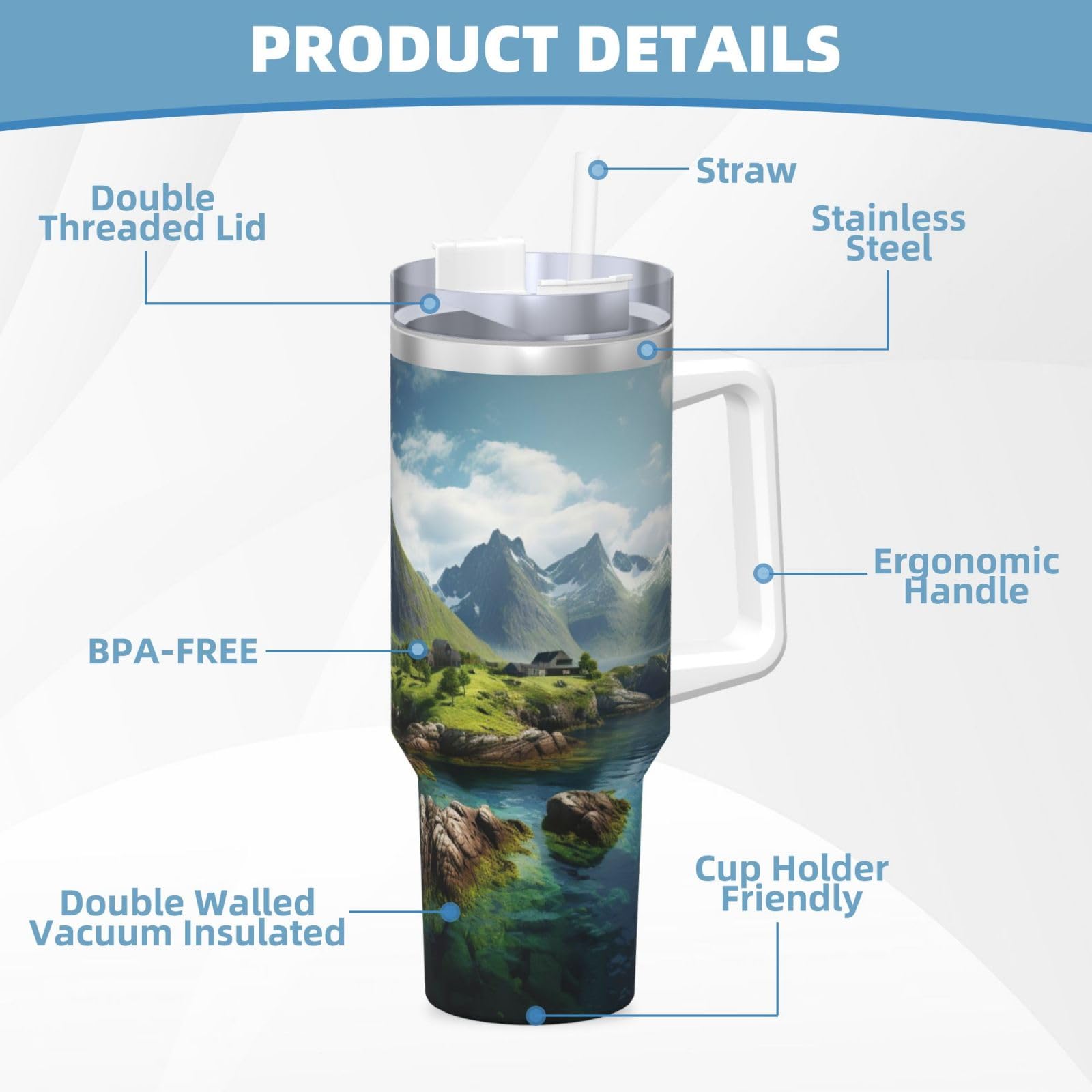 Norway Islands Ice Bully Doppelwandige isolierte Wasserflasche mit Griff und Strohhalm-Deckel, 1,2 l