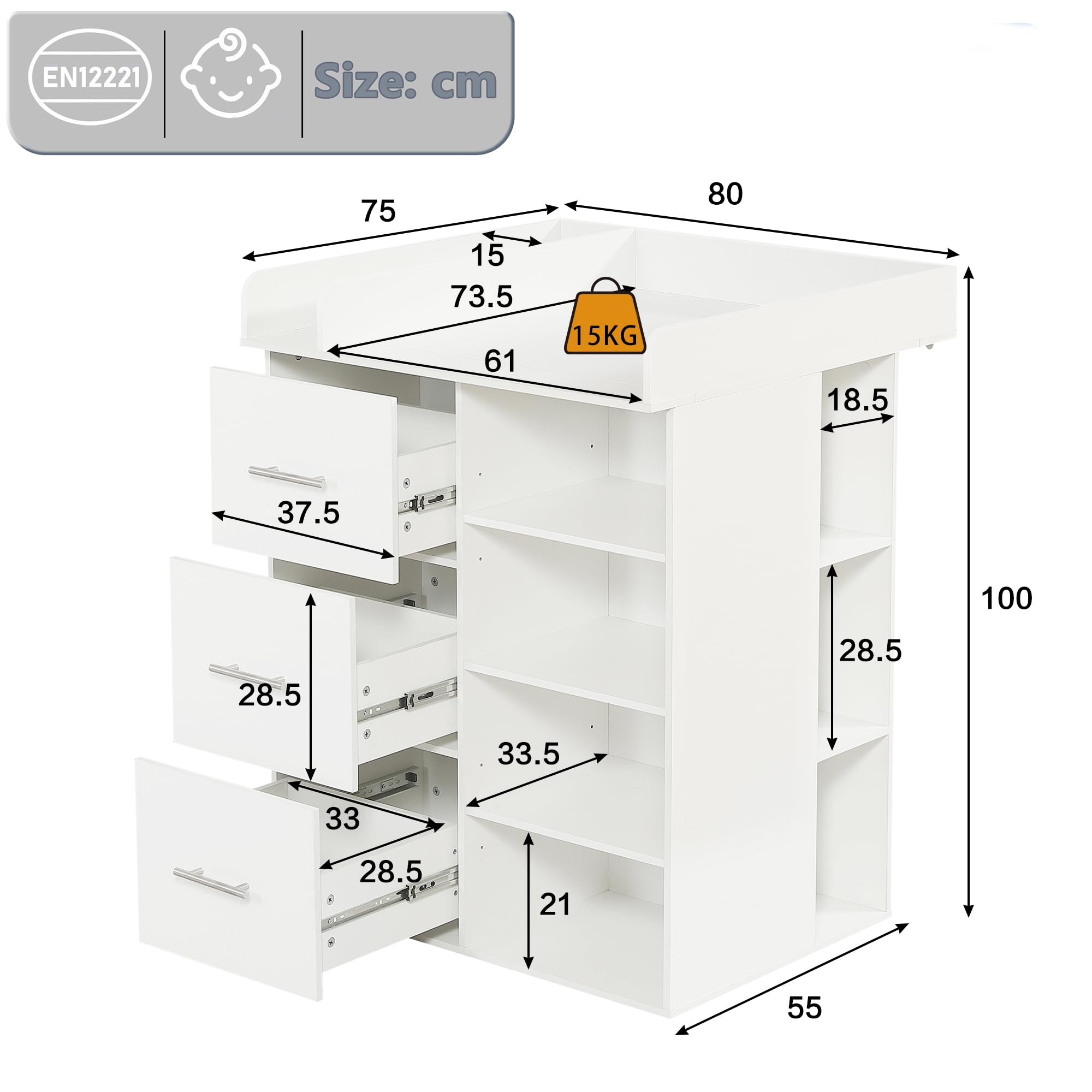SUKY Fasciatoio bianco, con 3 cassetti, ampio spazio di archiviazione, ripiani regolabili e fasciatoio con divisori, 80 x 75 x 100 cm
