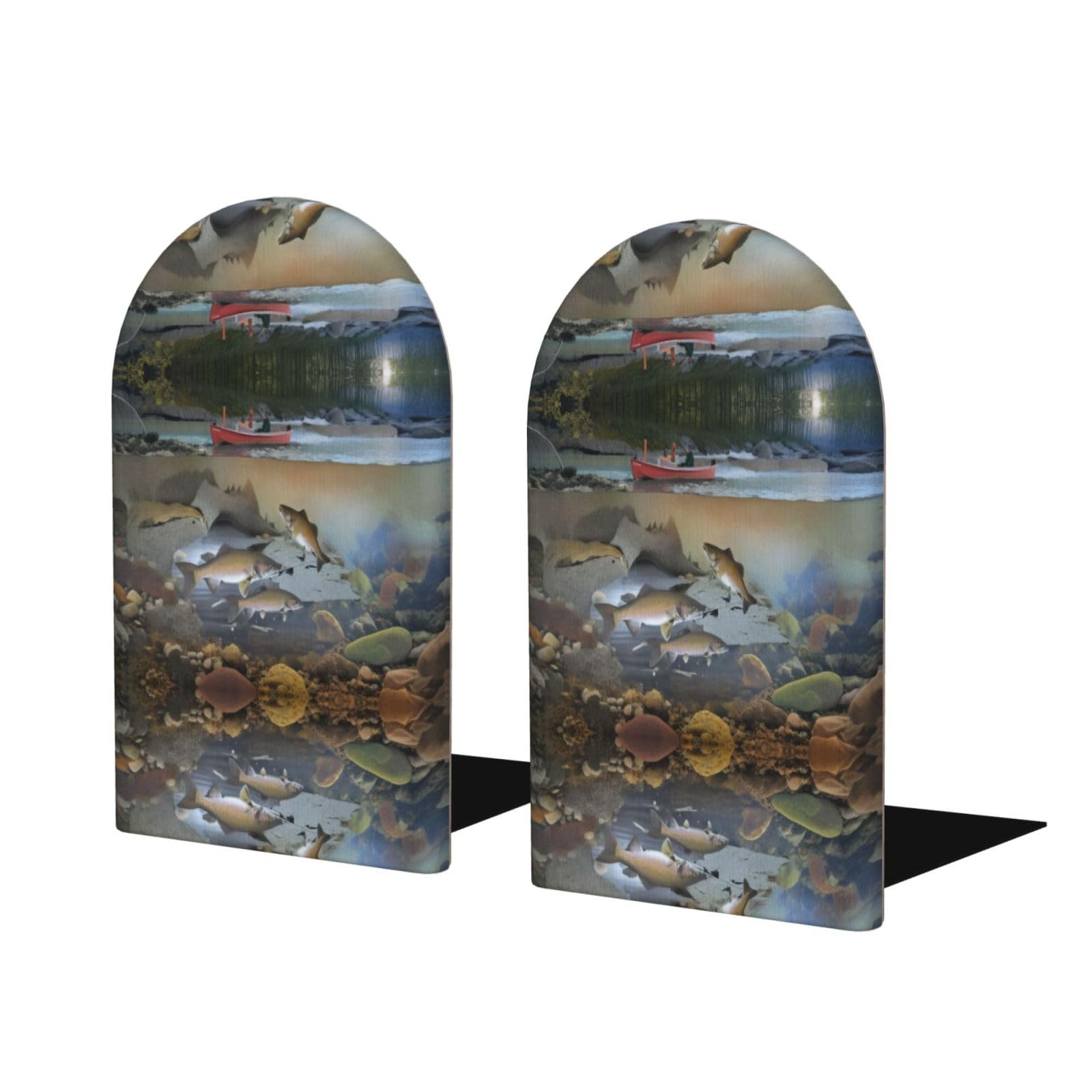 Fishing Lake Fishermen Stylish Bookends with Full-Print Design Durable Wooden and Metal Bookend Set for Home, Office