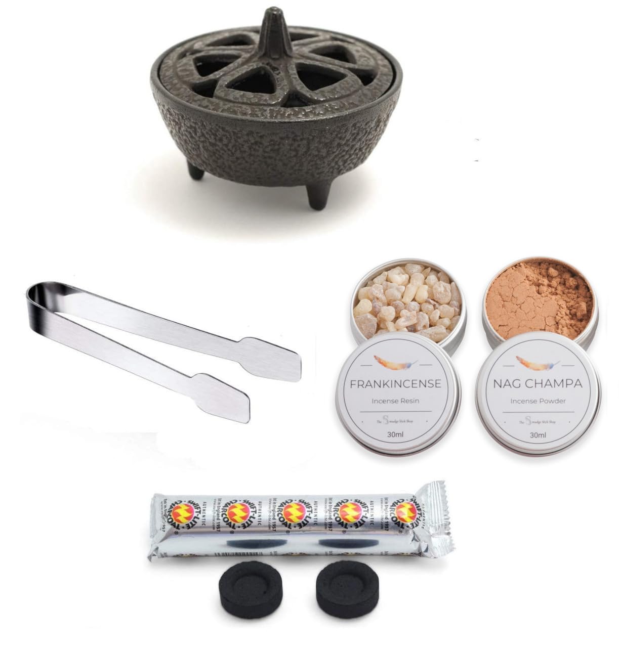 Incense Burner Kit with Cast Iron Burner, 30ml tins of fresh Incense, stainless steel tongs and charcoal discs (Frankincense & Nag Champa)