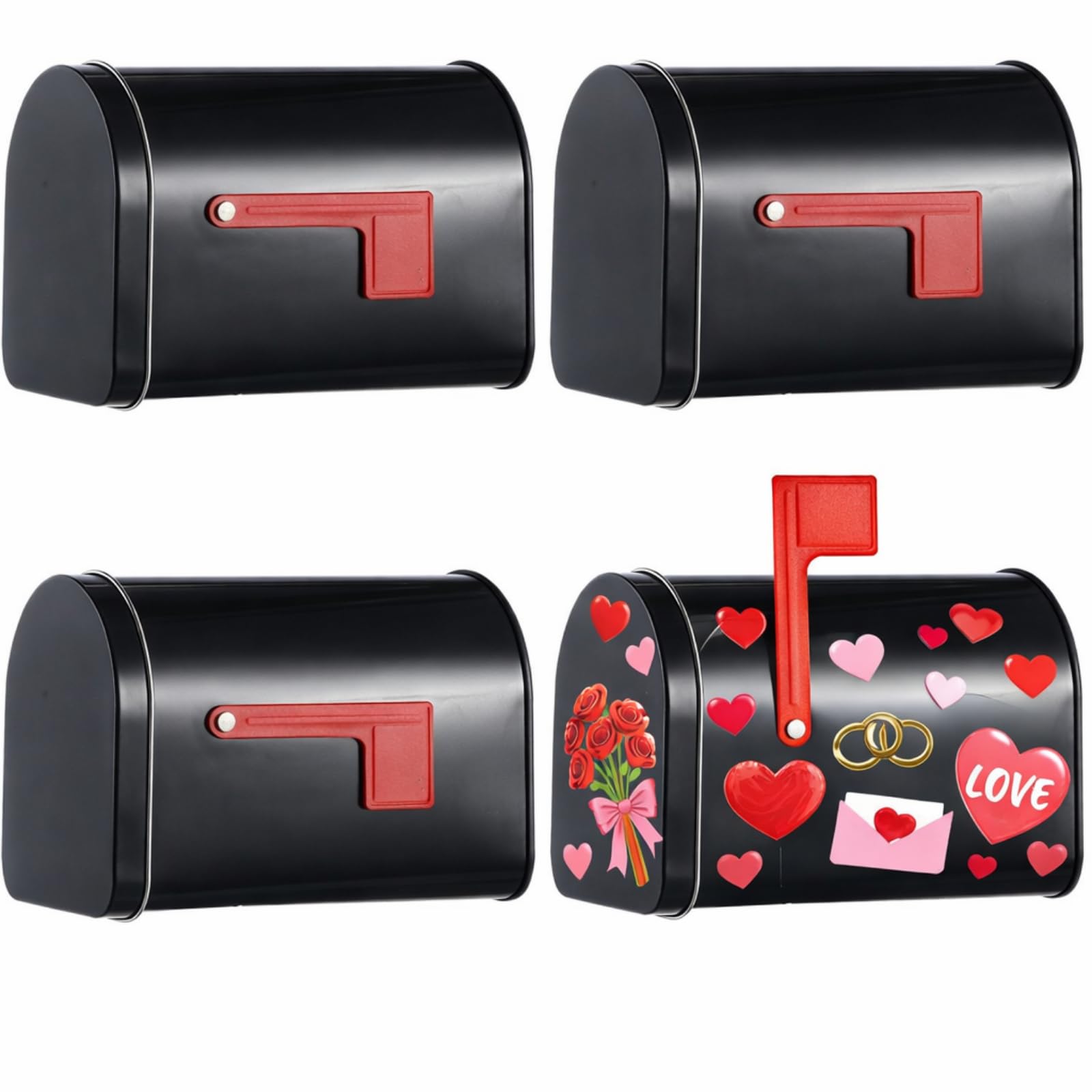 Lounsweer 4 Pcs 6.4'' x 3.6'' Mini Black Tinplate Mailbox Toy Small Mailboxes for Kids with Raised Signal Flags Post Mount for Boy Girl Card DIY