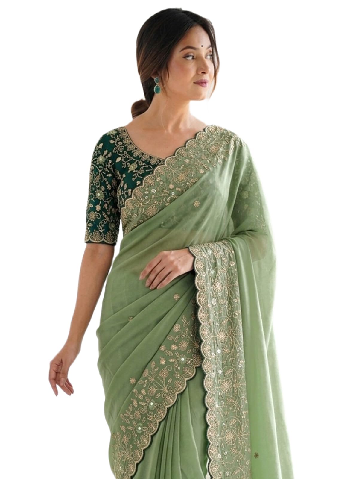 siril Women's Shimmer Georgette Scalloped Border Pearl Work Embroidery Saree with Unstitched Blouse Piece-picture-27