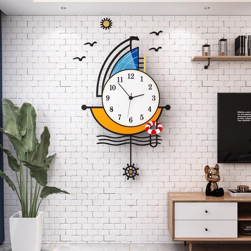 Miniatura 4 de Reloj de pared moderno con pilas, 23 pulgadas, diseño de barco grande, relojes de pared de péndulo para decoración de sala de estar, reloj
