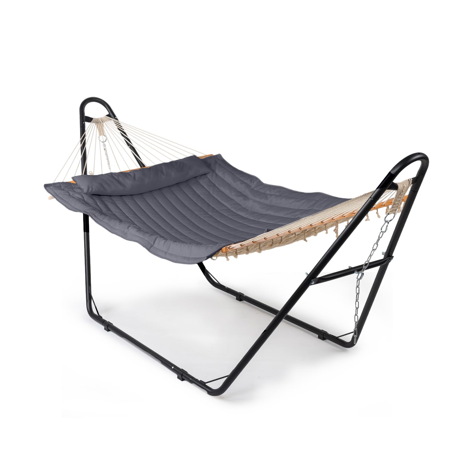 LEADZM Hängematte mit Gestell, Universelle Hängemattenhalterung aus Stahl, bis 250 kg, Großes Doppelstangen-Hängematten-Set - Graue, doppellagige Baumwollbettauflage, 315x133x101 cm