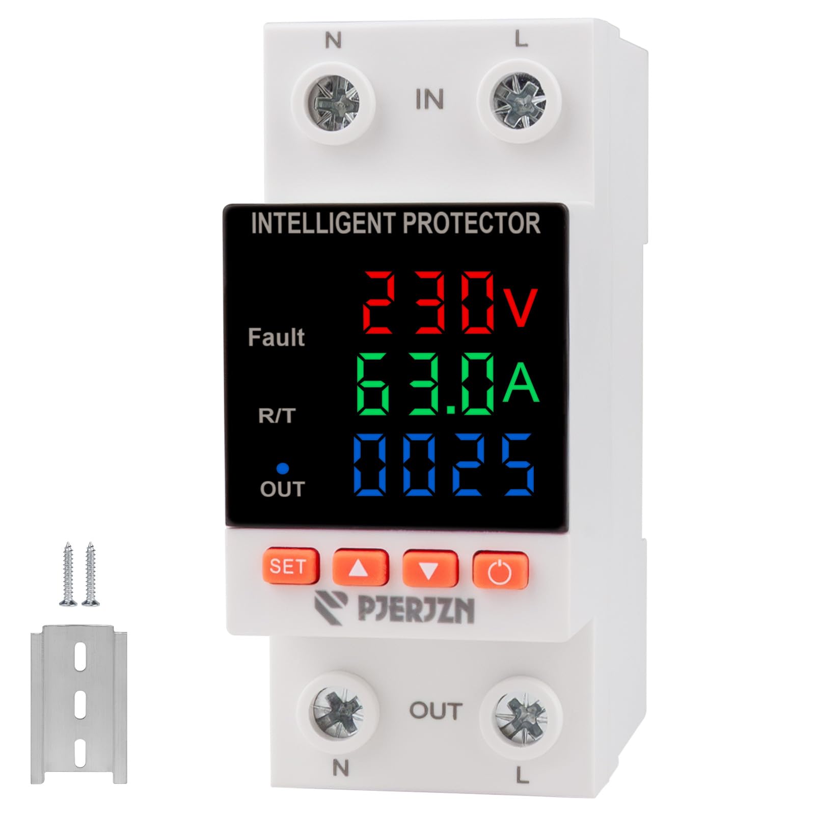 PJERJZN 230V 63A Smart Voltage Protector - Adjustable Over/Under Voltage Stabilizer with KWh Energy Meter & Triple LED Display for Home Electrical Protection