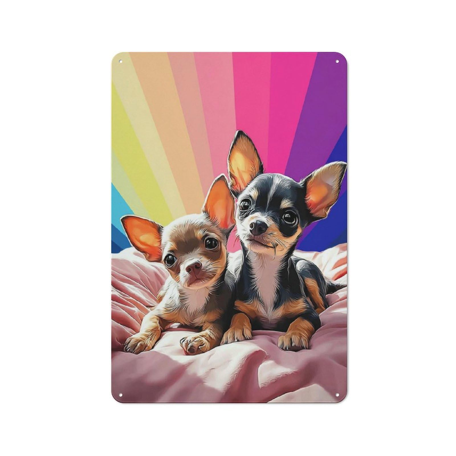 Junmoney Colorful Chihuahuas On Rainbow Background Metal Plaque 30X20cm With For Hallway Wall, Retro Decor, For Themed Interiors In Hallways And Entrance Areas