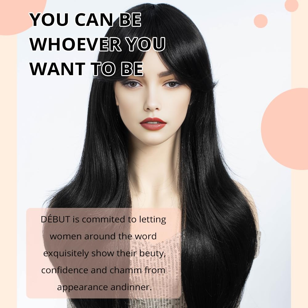 DÉBUT Long Black Wig With Fringe for Women Heat Resistant Synthetic Layered Hair Wigs With Bangs for Daily Party Cosplay Use(26 inches - Image 4