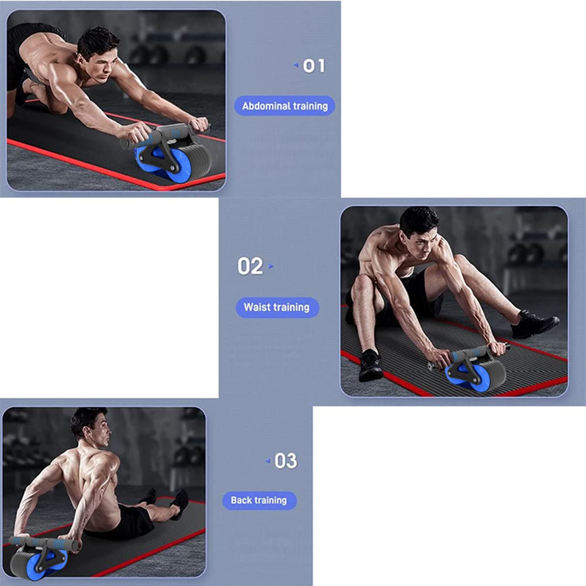 Rueda para abdominales: rueda con rodillo para abdominales con alfombrilla para rodillas, rueda abdominal de rebote automático, diseño de doble rueda, adecuada para ejercicios de despliegue de abdomi