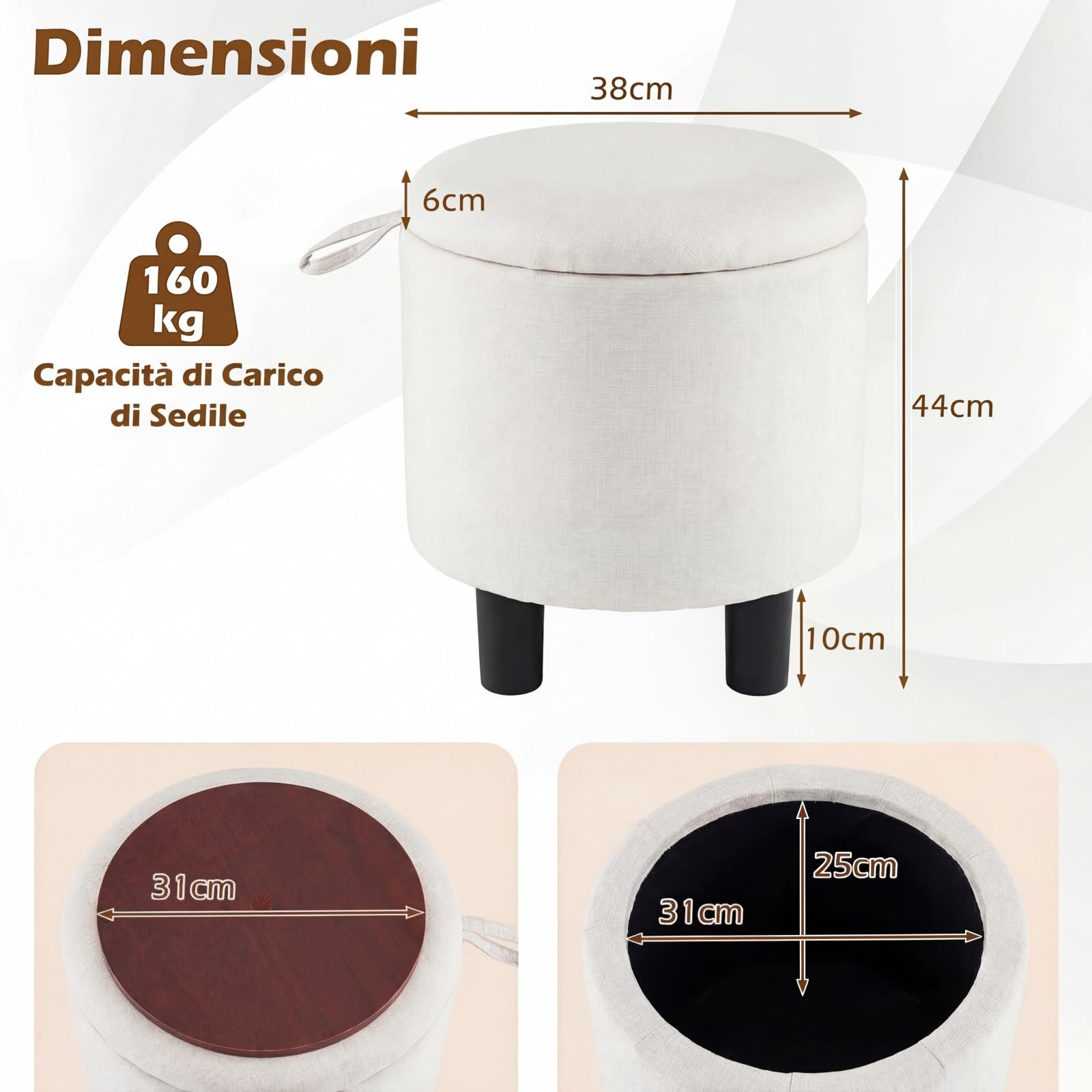 COSTWAY Pouf Contenitore Rotondo, Sgabello Poggiapiedi in Tessuto, con Coperchio Rimovibile, Poggiapiedi per Soggiorno e Camera da Letto, 38 x 38 x 42 cm