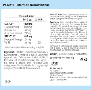 Peacetil | Integratore 100% naturale per nervi infiammati, neuropatie e fibromialgia | con L-Acetilcarnitina, Curcumina, Beta-Cariofillene e Vitamina B6 | 30 compresse
