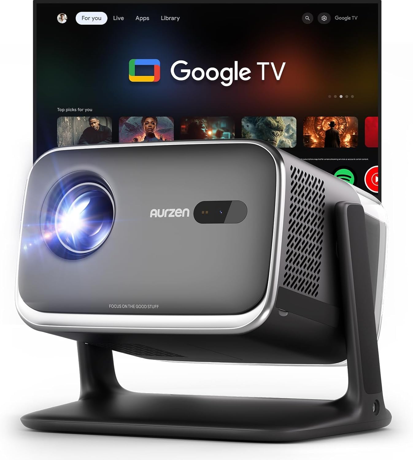 Aurzen Boom Mini Proyector para Exterior con Google TV, Dolby Audio de 20 W | Compatible con 4K, cine en casa, 500 lúmenes ANSI, Wi-Fi y Bluetooth, enfoque TOF
