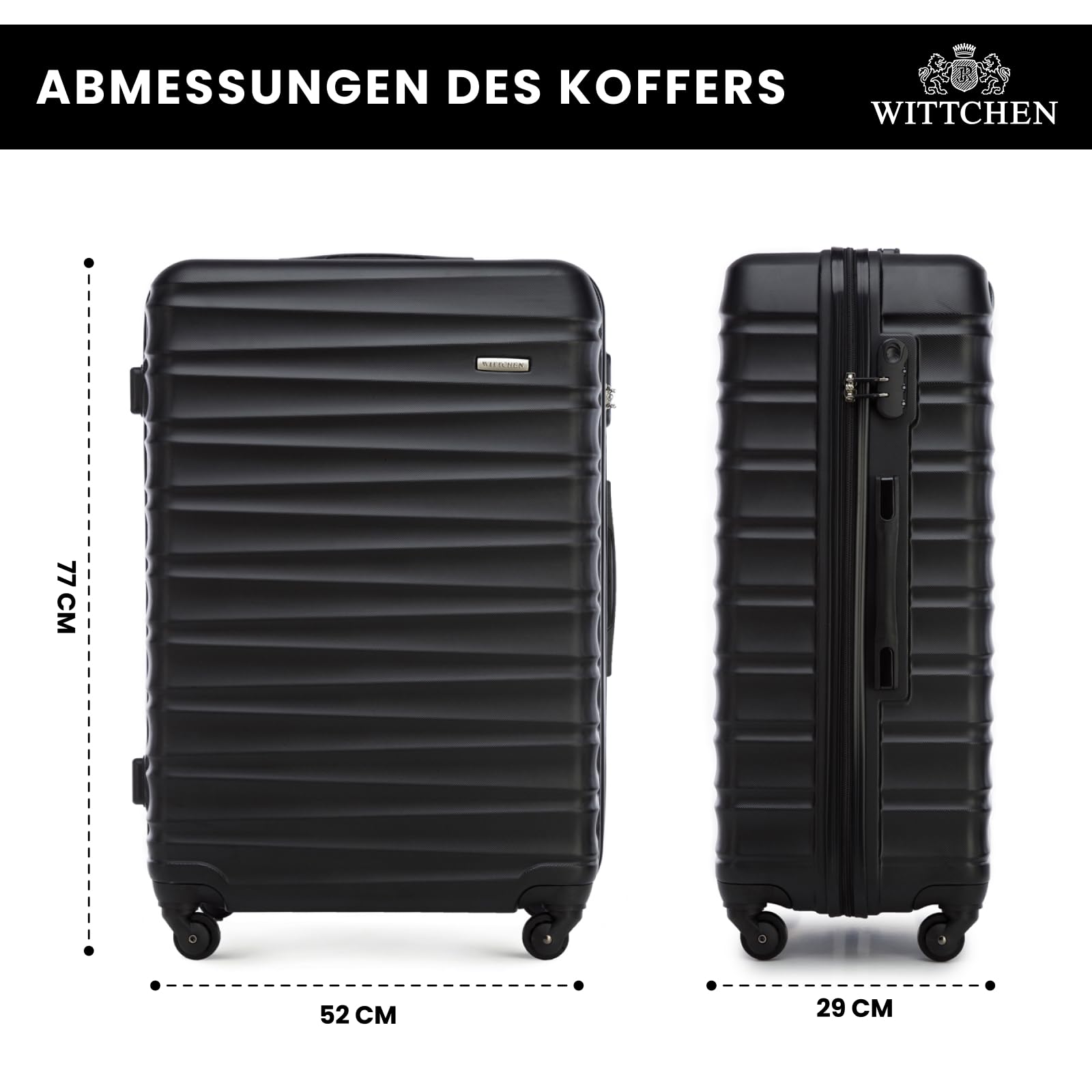 WITTCHEN Reisekoffer Hartschale ABS Große L Check-In Gepäck 4 Spinner-Rollen Zahlenschloss Groove Line Schwarz