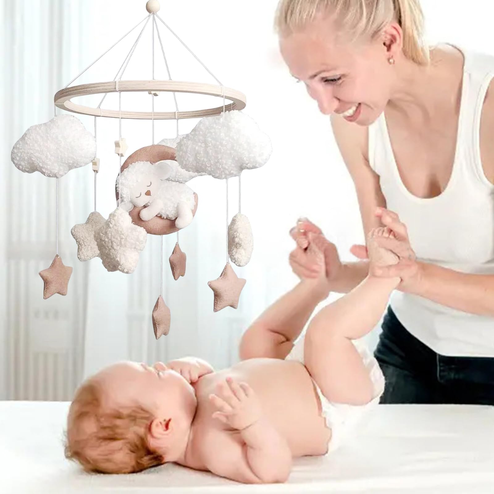 Campana de cama móvil para bebé con ovejas, estrellas, nubes, luna, niña, móvil para cuna, cuna (BB)