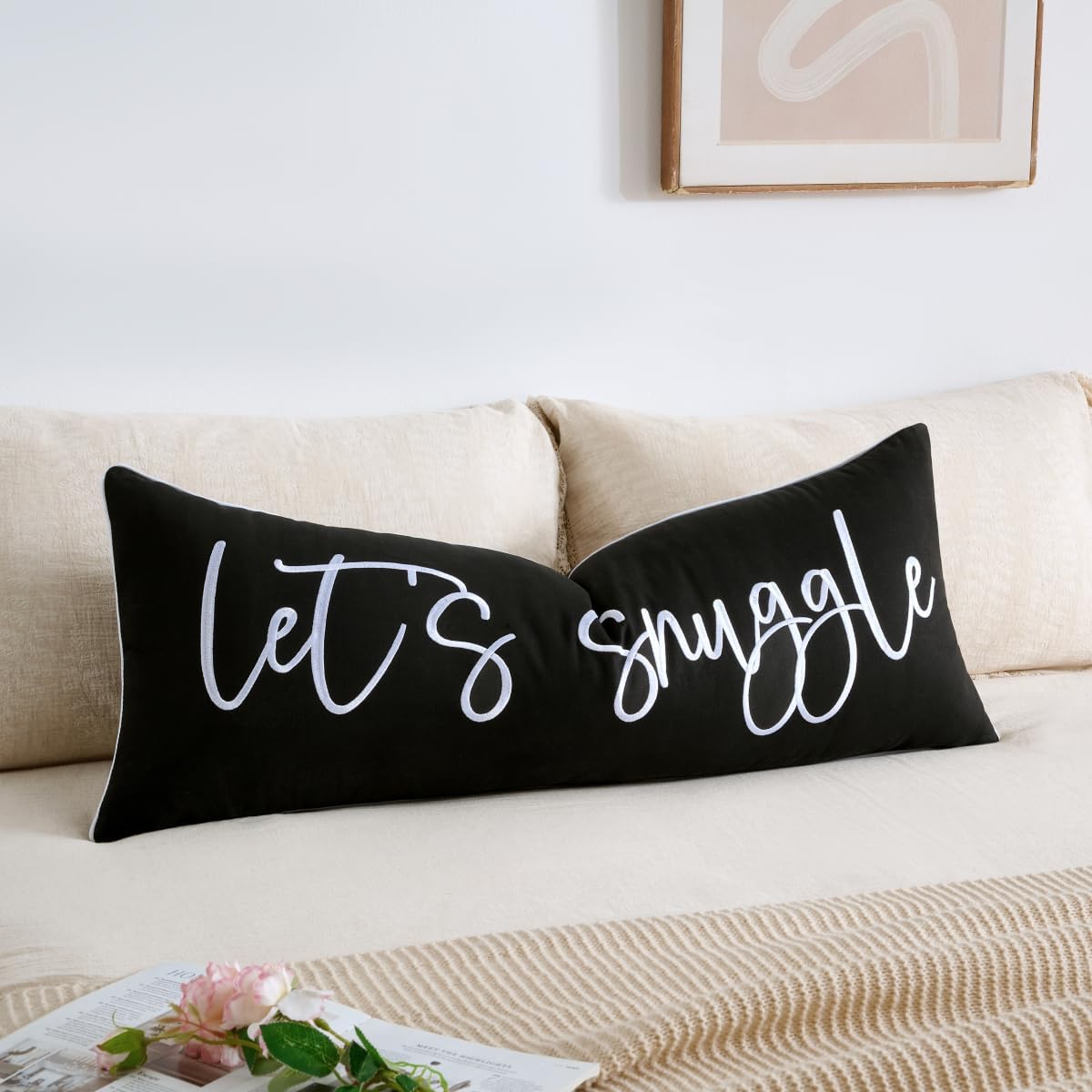 Sunkifover Let's Snuggle Decorative Lumbar Pillow Cover - 14x36 Inch Brown and White Cotton Embroidery Throw Pillowcase for Bed, Bedroom, Living Room, Home Decor