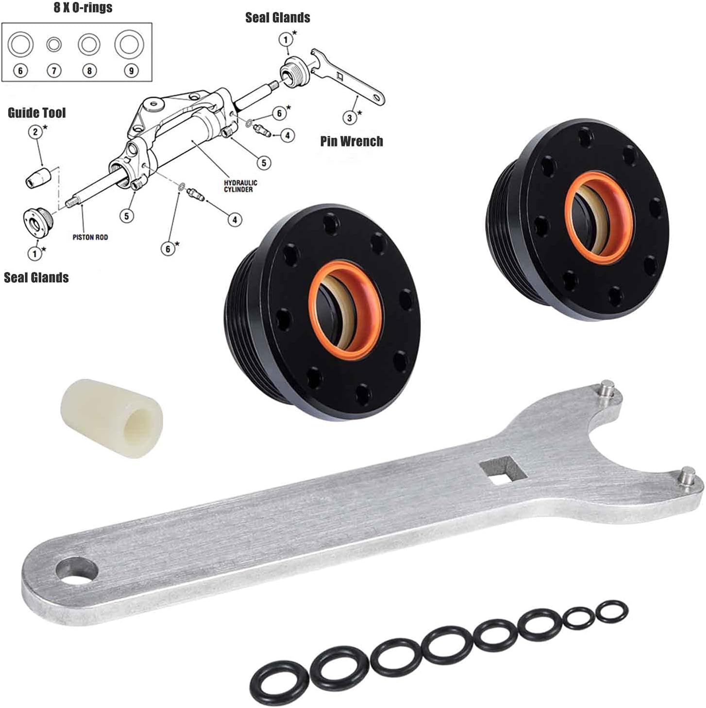 Front Mount Hydraulic Steering Cylinder Seal Kit With Pin Wrench - Compatible With SeaStar HC5340-HC5445 Series