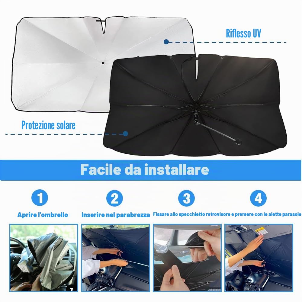 Parasole Auto per Parabrezza Anteriore, Pieghevole Ombrello Parasole Auto, Protezione UV e dal Calore, Riflettente, Protegge l’Interno dell’Auto, per Berlina e SUV
