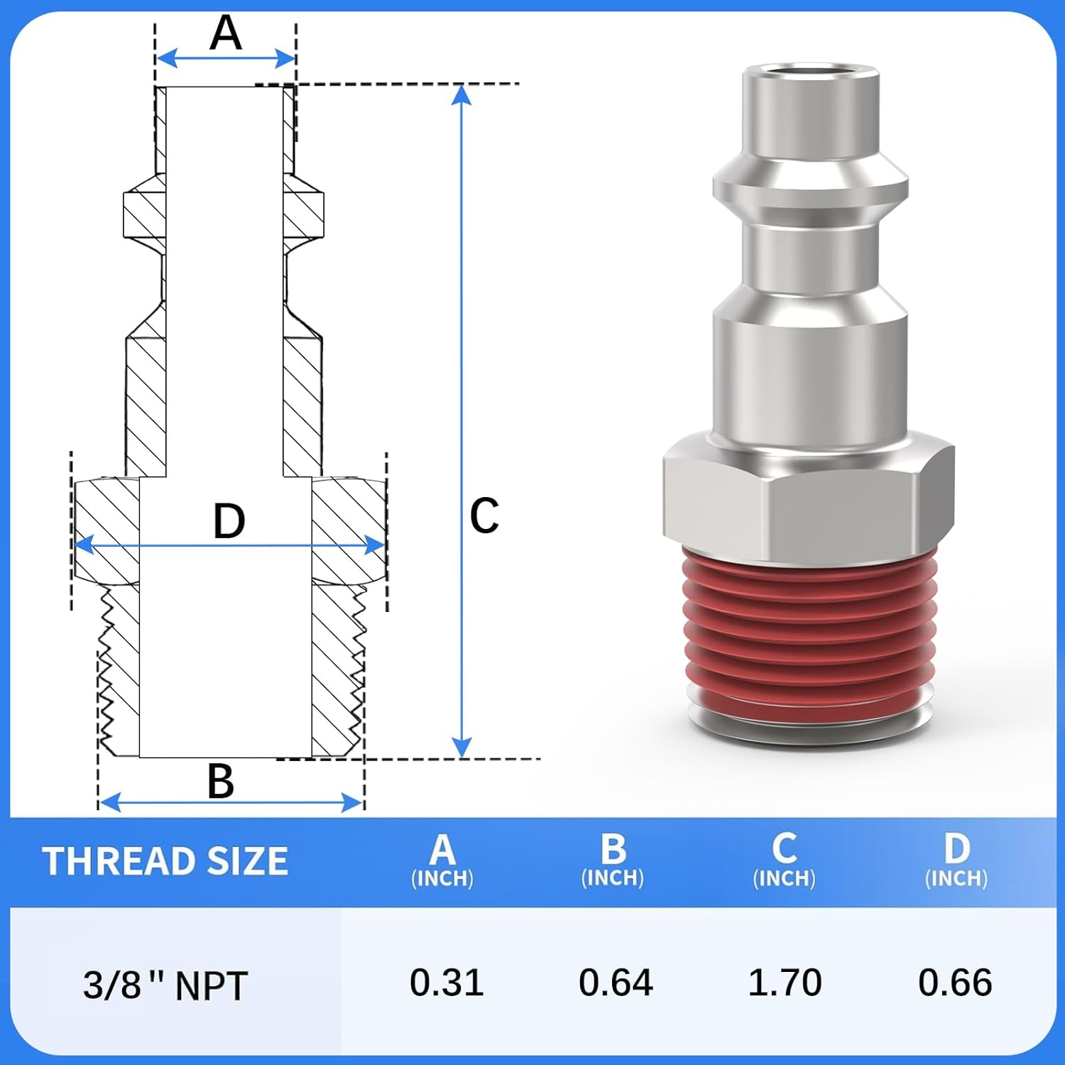 ChillWaves Industrial Air Plug, 1/4" Body Size, 3/8" NPT Male Pneumatic Plugs, Air Compressor Accessories Fittings(10-PACK)
