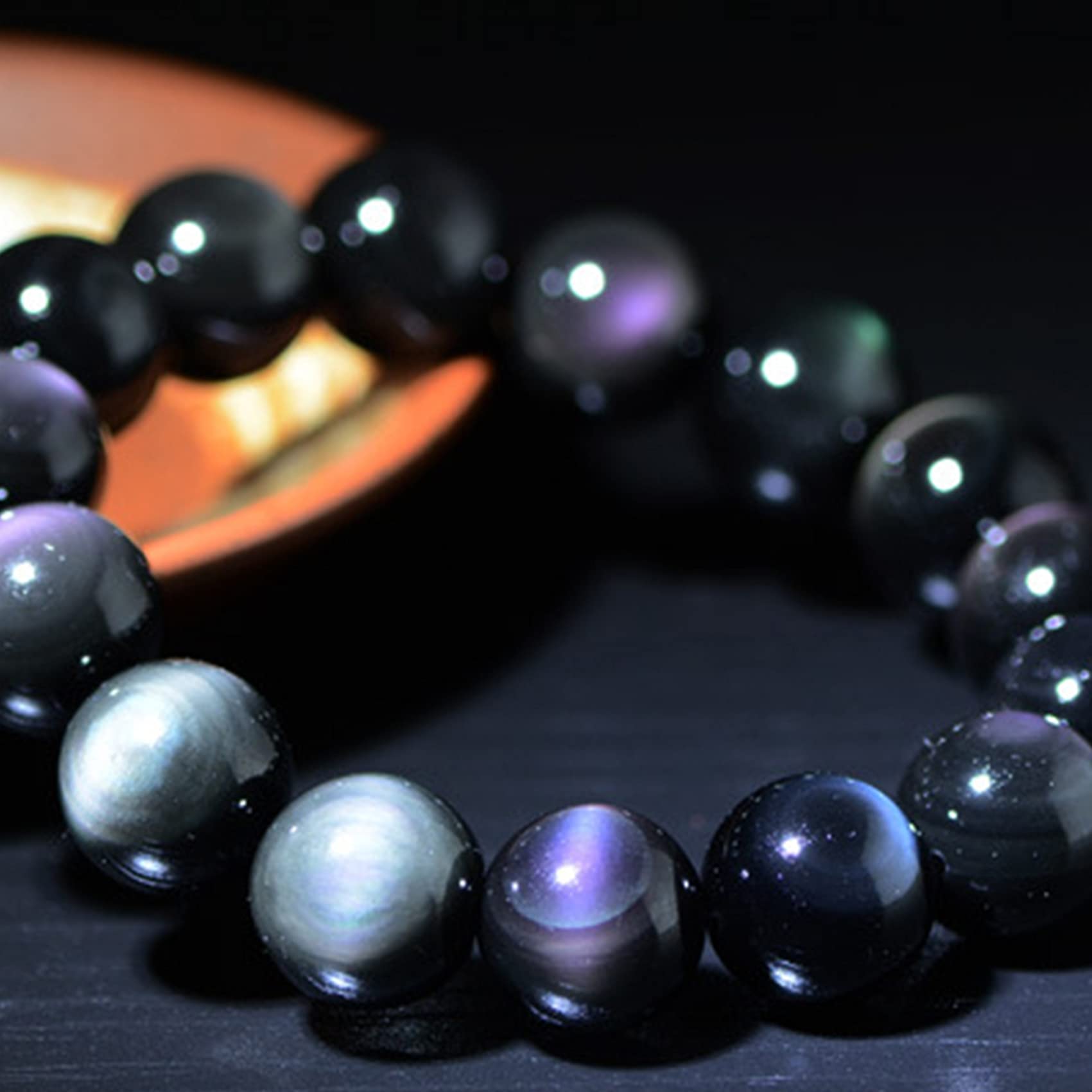 LYGBAOFUL Czarna bransoletka z obsydianu, bransoletka dla par naturalny tęczowy koralik z kryształem dla kobiet mężczyzn, 14 mm (kolor: tęcza, rozmiar 8 mm)