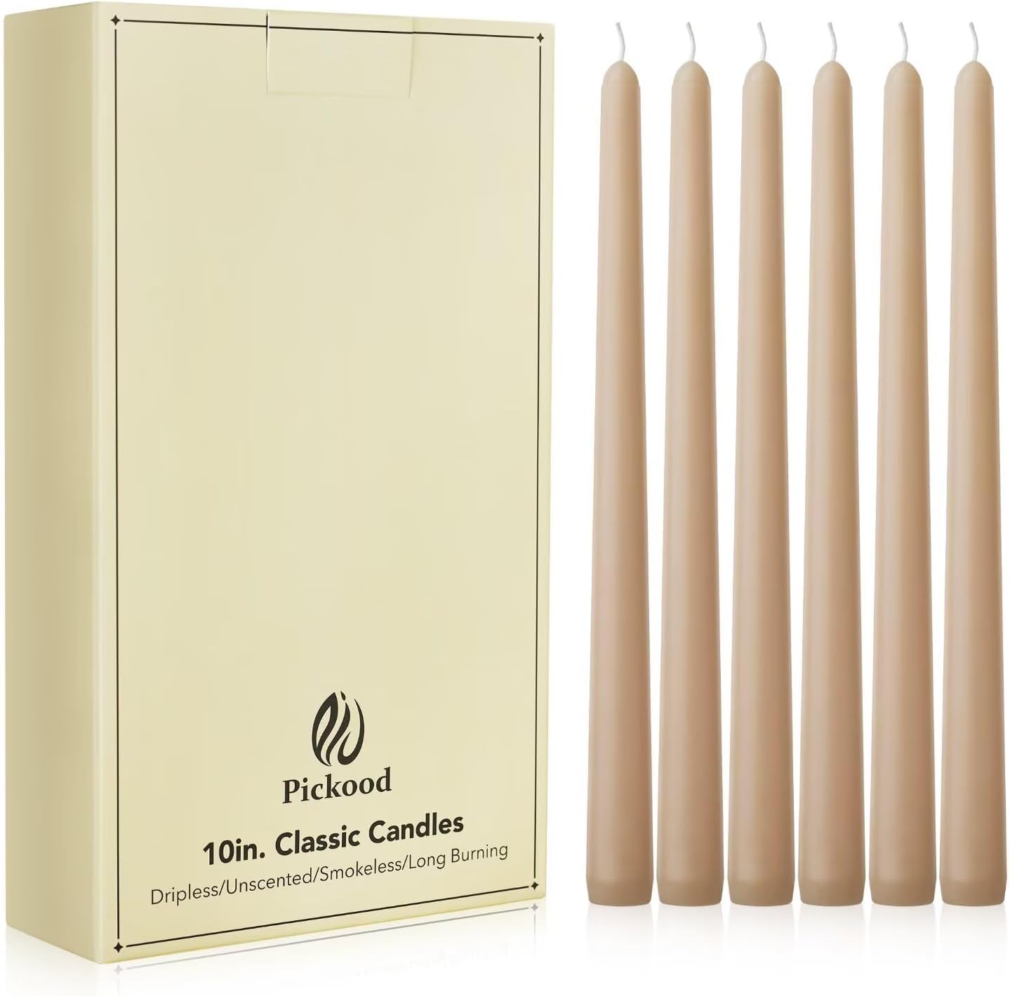New Burning Formula Unscented Dripless 10-Inch Taper Candles Set of 12 - Beige, for Wedding, Dinner - Smokeless, Long Burning - Hand Poured, Colored Tall Candlesticks - Beige