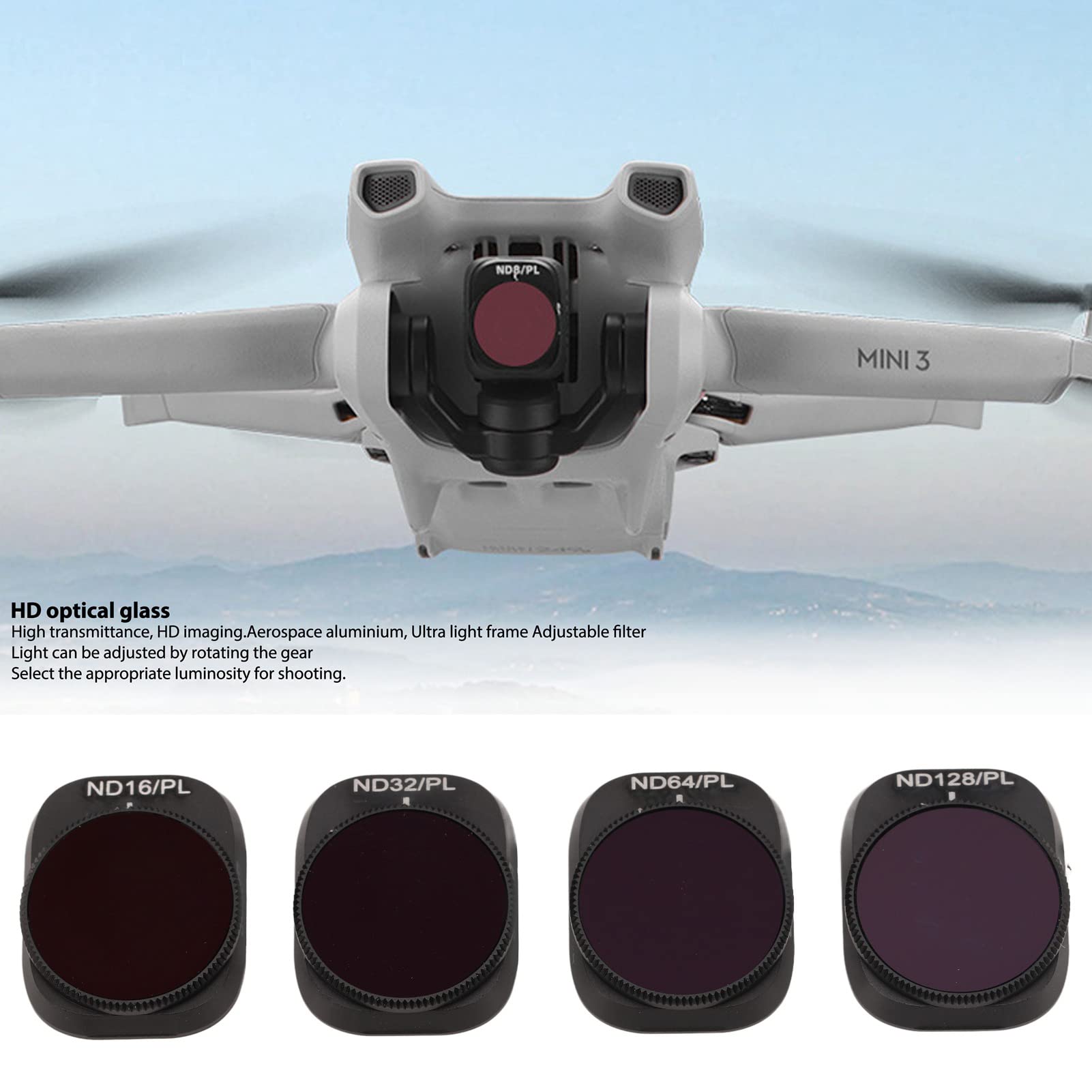 Set di filtri ND da 4 pezzi Kit di lenti per drone regolabili in vetro ottico con cornice nera opaca per Mini 3 Pro