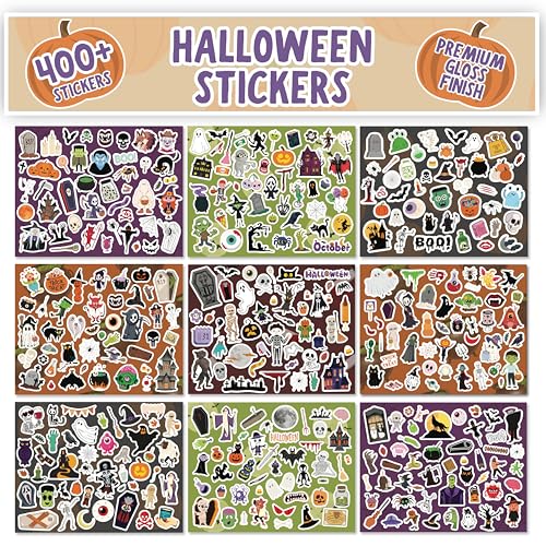 Halloween Stickers - Over 400 Premium Self-Adhesive Gloss Paper Stickers for Children - Decorations for Halloween Party, Craft, Scrapbook, Party Bag Fillers for Kids - Witch, Vampire, Ghost, Skulls